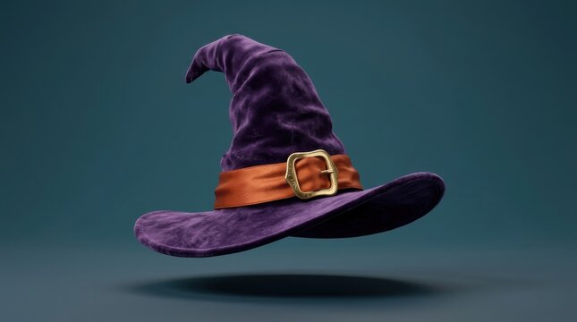 3D illustration of a purple velvet witch hat with an orange band and golden buckle floating on a dark background for Halloween celebration