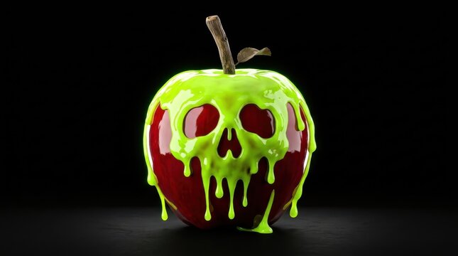 A glossy red apple covered in dripping glowing green toxic slime shaped like a scary skull on a dark background