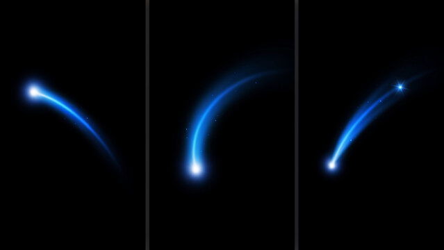 Glowing blue light streaks and arcing comets isolated on a solid deep black background