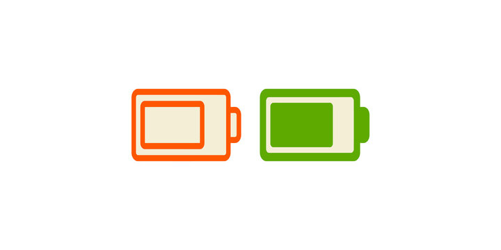 Orange empty battery icon and green full battery icon, representing power levels for electronic devices and energy.