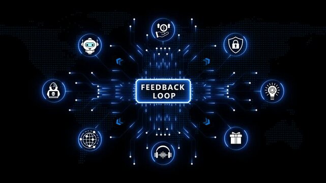 Feedback Loop process layout surrounded by glowing radial tech symbols and blue light network nodes over an abstract dark world map backdrop.