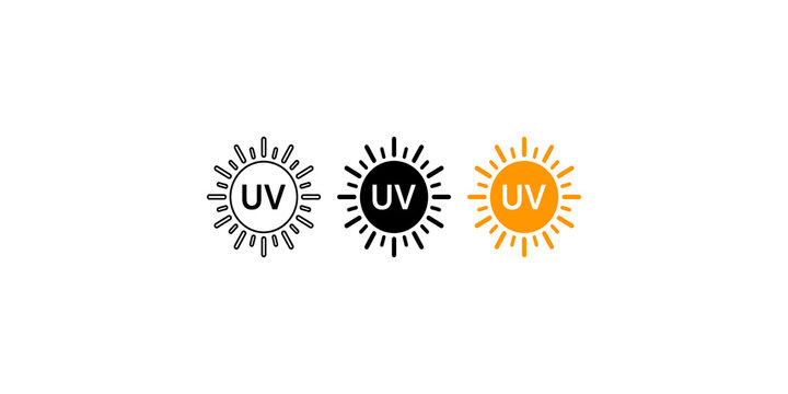 Set of three sun themed uv protection icons showcasing black outline and solid orange sun variations for skin care.