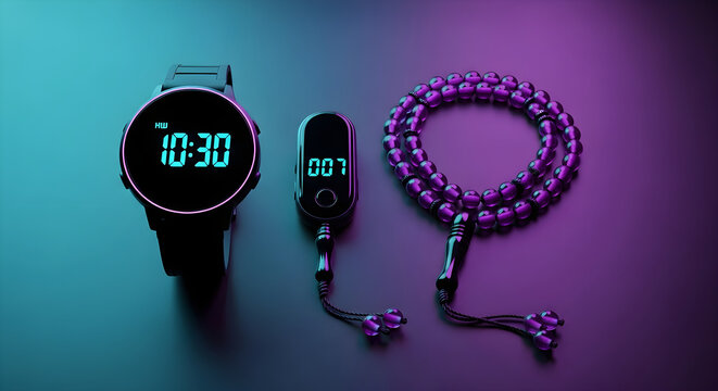 Digital Watch Counter and Prayer Beads with Neon Glow Lighting