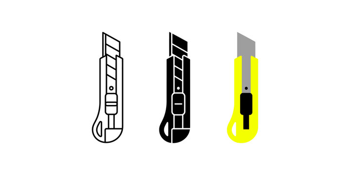 Utility knife black and yellow office cutting tools with outline, solid, and flat design styles.