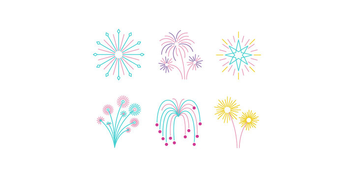 Festive collection of colorful abstract fireworks designs in pink blue and yellow for celebration events and holidays.