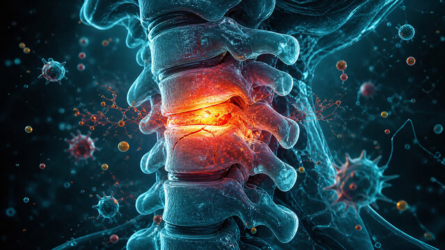 Medical 3D illustration of cervical spine degeneration and chronic neck pain