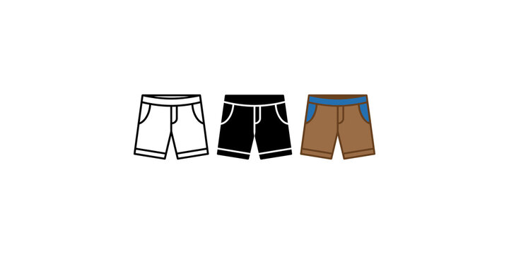 Shorts garment icons in line art solid black and colored fabric styles representing casual summer fashion apparel.