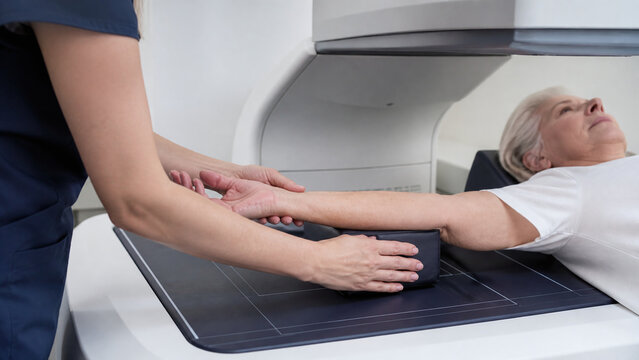 Medical specialist positioning senior woman arm for dexa bone density test