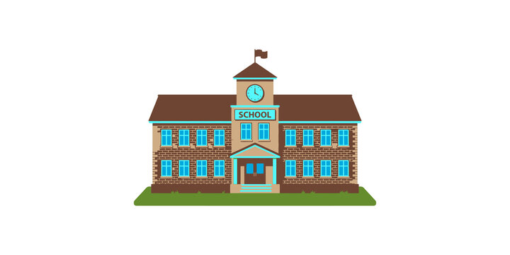 School building with brick facade and classic clock tower icon for educational institution and academic projects design.