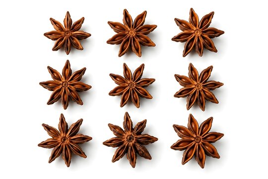 Isolated Star Anise Arranged in a Symmetrical Pattern on White Background
