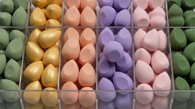 Colorful makeup blender sponges neatly arranged by color in a clear storage organizer.