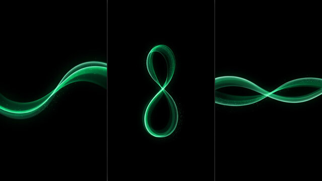 Glowing green light wave patterns and infinity symbol on a solid deep black background