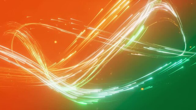 Dynamic glowing light trails against vibrant orange background for modern design projects