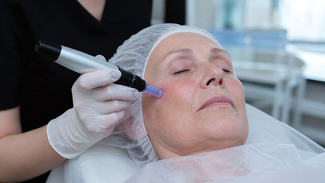 Senior woman receiving professional microneedling facial treatment in clinic