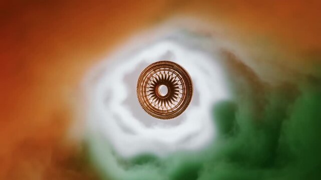 Close up spinning wheel against vibrant tri color background with swirling motion