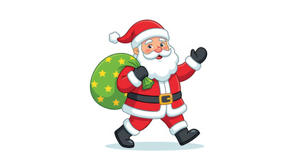 Fototapeta premium Happy cartoon Santa Claus walking and waving while carrying a green sack full of Christmas gifts, festive winter vector illustration