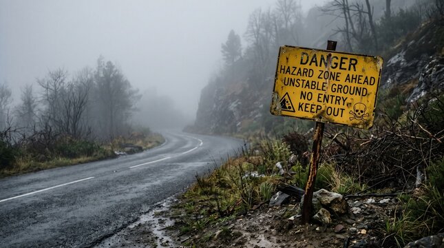 Weathered yellow danger warning sign on a foggy mountain road with unstable ground ahead