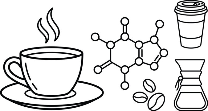 Coffee line icon set featuring caffeine chemical molecule structure aromatic hot brew mug roasted beans and filter carafe