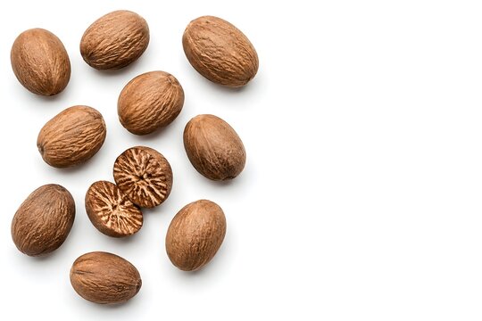 Whole Nutmegs with Cracked Nutmeg Kernel on White Background
