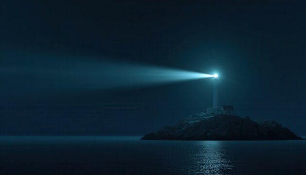 Lighthouse shining a bright beam of light across a dark ocean at night with lighthouse navigation illumination structure architecture seascape nighttime shipping destination darkness