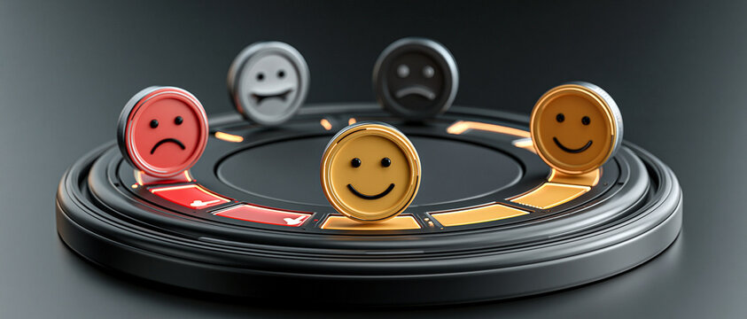 abstract customer satisfaction meter rising from low to high with glowing interface elements, business performance and customer experience concept, sophisticated 3D graphic, dark corporate