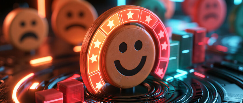 abstract customer satisfaction meter rising from low to high with glowing interface elements, business performance and customer experience concept, sophisticated 3D graphic, dark corporate
