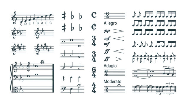 Musical notation vector elements set with clefs notes staff lines key signatures time signatures and tempo dynamics icons isolated on white background
