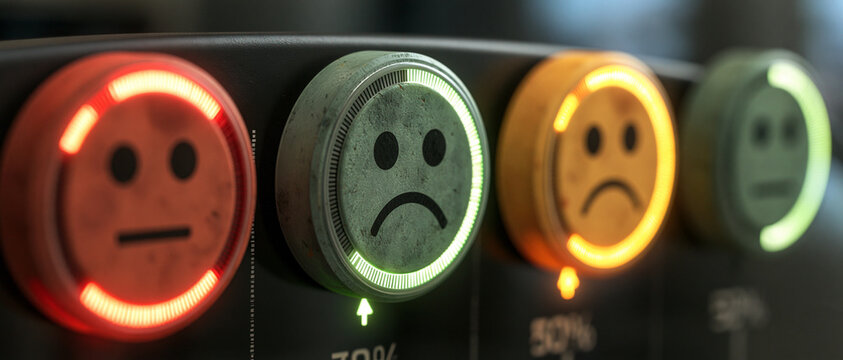 abstract customer satisfaction meter rising from low to high with glowing interface elements, business performance and customer experience concept, sophisticated 3D graphic, dark corporate