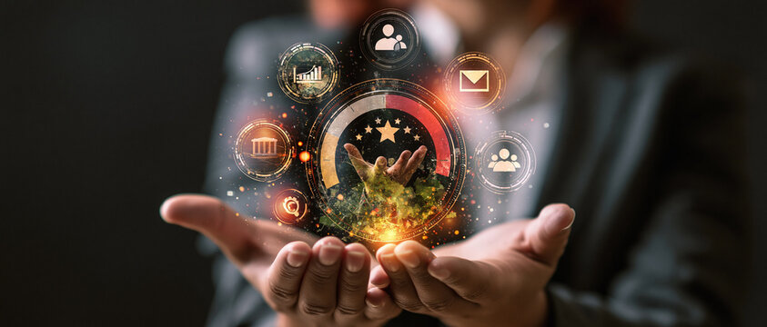 abstract customer satisfaction meter rising from low to high with glowing interface elements, business performance and customer experience concept, sophisticated 3D graphic, dark corporate