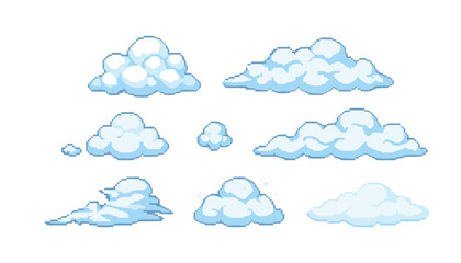 Obraz premium Pixel art cloud vector set with various fluffy white and blue clouds game asset element collection isolated on white background