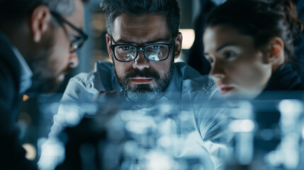 Fototapeta premium business team analyzing customer feedback on large transparent digital screen, customer experience management and data analytics concept, modern office, cinematic realistic photography, generous copy