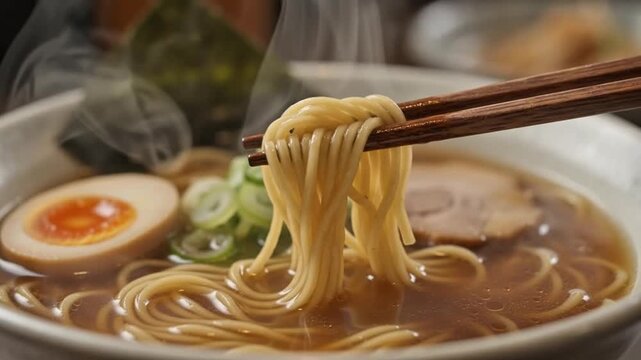 Steaming ramen noodles lifted with chopsticks from a bowl with egg and chashu pork.