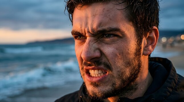 Angry man with clenched teeth by the ocean at sunset.