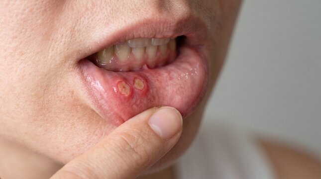 Close-up of painful canker sores and aphthous ulcers on lower inner lip of a person