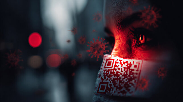 Close portrait of person wearing protective mask featuring digital qr code amid floating virus cells