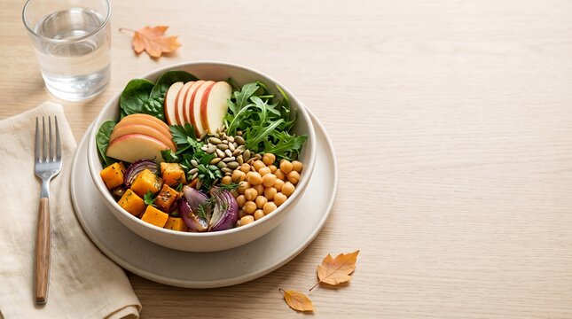 Bowl of healthy grain salad with roasted pumpkin apple slices and roasted chickpeas on wood table.
