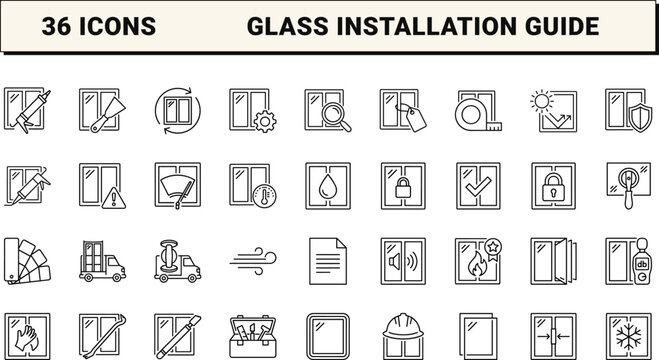 Window Glazing Guide Web Icon Set in Linear Style. Collection of Glass Installation line icons, including glazing, insulation, double glazing, repair, energy efficiency, installation.