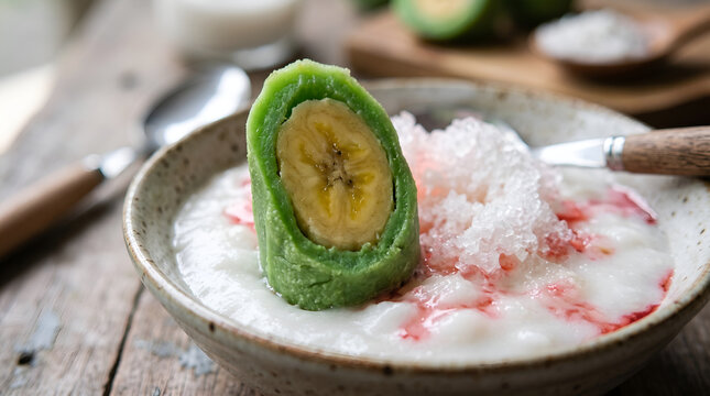 Detailed cross section of es pisang ijo showing its banana center and green coating with coconut porridge, ideal for recipes, culinary education and food marketing.
