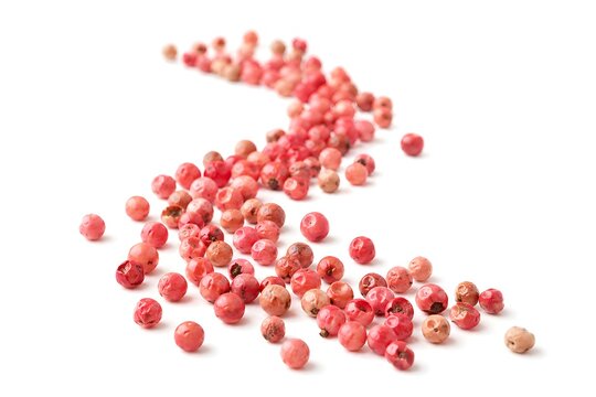 Pink Peppercorns in Elegant S-Curve Arrangement on White Background