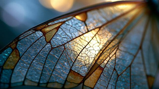 Iridescent insect wing showing intricate vein patterns in macro detail