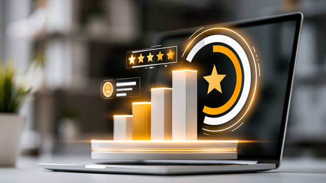 customer satisfaction analytics dashboard represented by glowing charts, rating stars and emotion indicators floating above a modern laptop, business intelligence concept, futuristic realistic