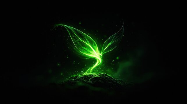 Glowing Bioluminescent Green Leaf Sprout on Dark Background