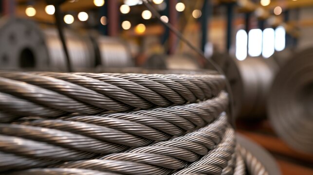 Thick metal wire is coiled on a large spool in an industrial setting.