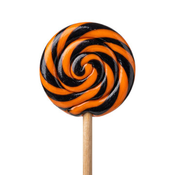 Colorful swirled lollipop on a wooden stick.