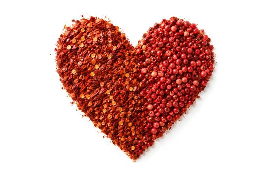 Heart-Shaped Spice Arrangement with Red Chili Flakes and Pink Peppercorns