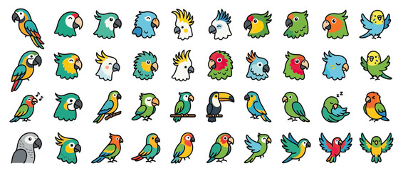 Naklejka premium Cute Cartoon Parrot and Bird Collection Isolated