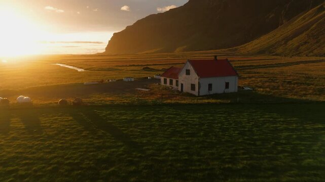 Icelandic Farm and Hay Bales at Golden Hour, Aerial