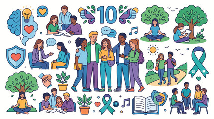 Fototapeta premium Mental Health and Student Support Vector Illustration Set