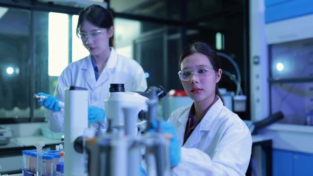 Female scientists researching in a modern biotechnology laboratory