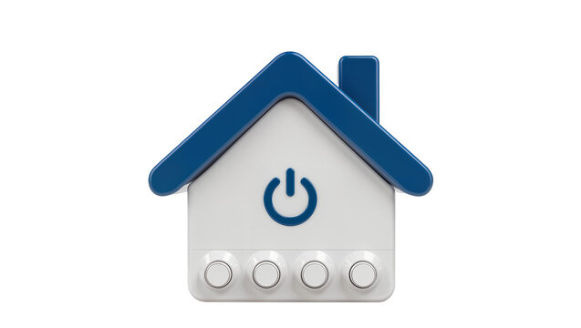 Blue and white house symbol with power button and four circular buttons, isolated on transparent background